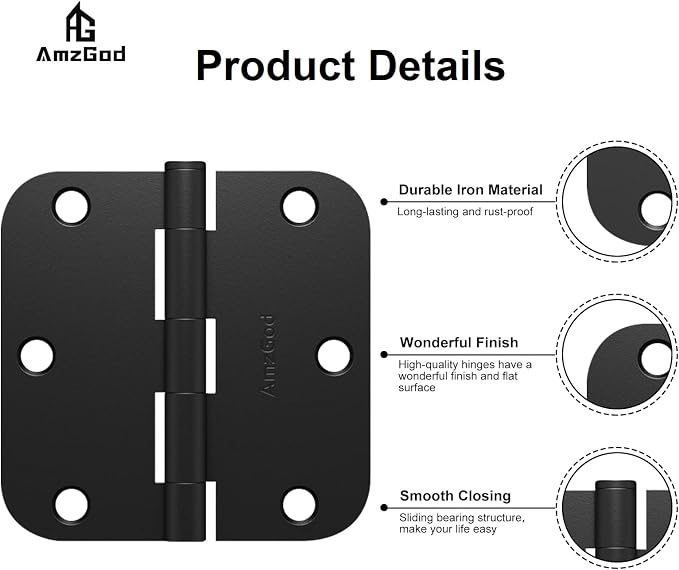 Door Hinges Matte Black 3.5 Inch Rounded 5/8" Radius 12 Pack | Black Interior - Image 4
