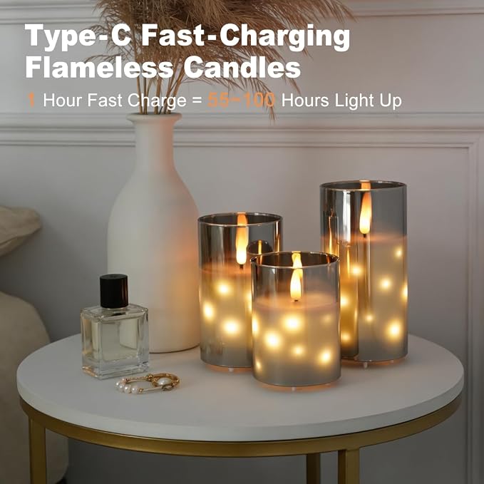 LEDHOLYT Rechargeable Glass LED Flameless Candles, Embedded Star String - Image 7