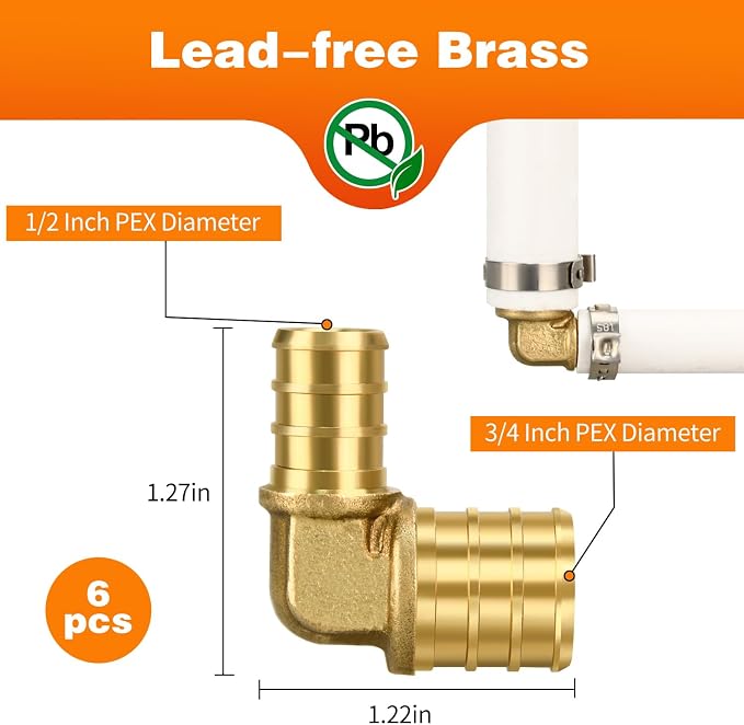 6 Pack 3/4" × 1/2" Brass PEX Elbow Fittings | - Image 2
