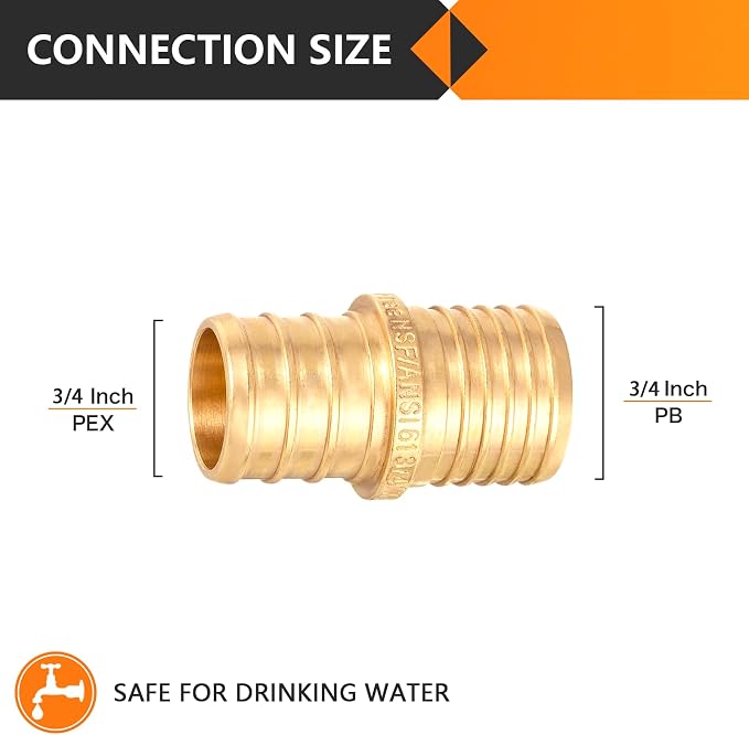 10PC HeSun 3/4" PEX Crimp X 3/4" PB Polybutylene Transition Coupling | Brass - Image 2