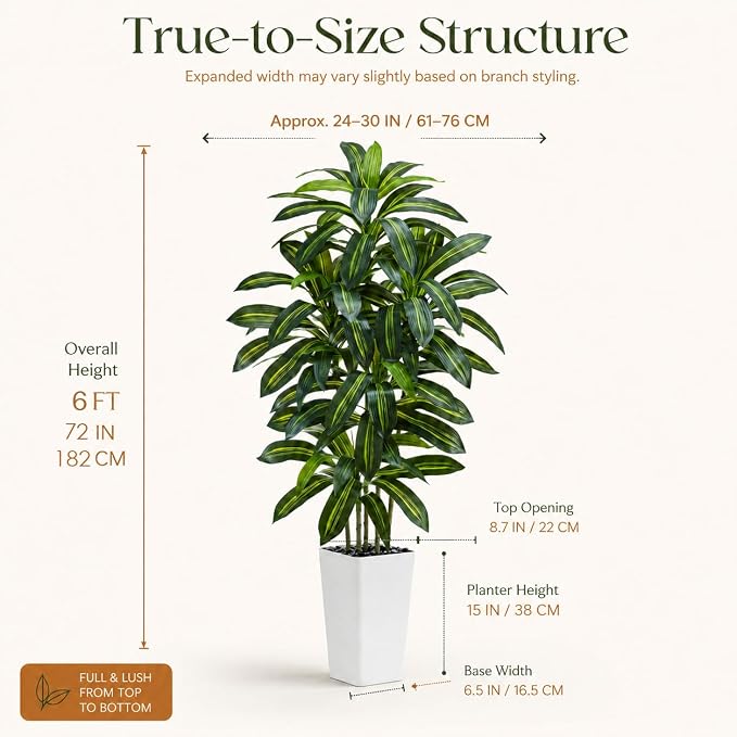 Artificial Dracaena Tree: 6FT Fake Plants Silk Faux Trees（White Pot） | - Image 3