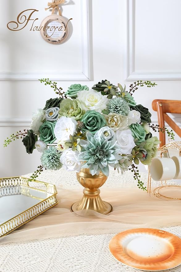 Artificial Flowers Combo Green Flowers Mix Silk Flowers Dahlia Roses - Image 3