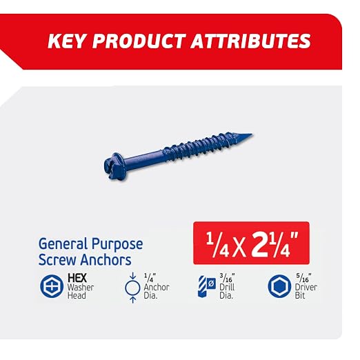 1/4 x 2-1/4" Hex Head Blue Concrete Screw Anchors - Image 2