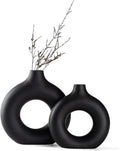 Black Ceramic Donut Vase Set of 2, Hollow Round Matte Pampas Flower Vases by Hanaomaoyi
