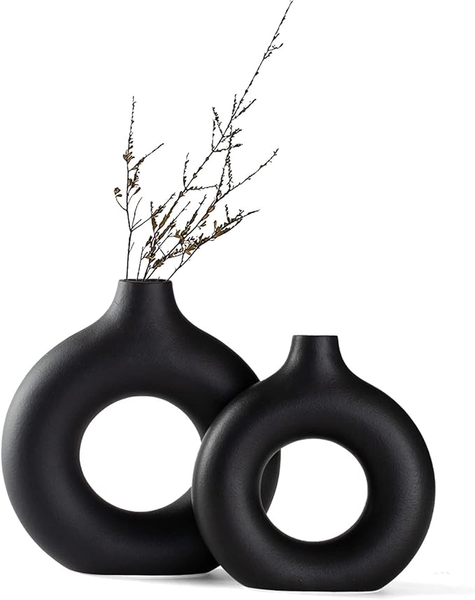 Black Ceramic Donut Vase Set of 2, Hollow Round Matte Pampas Flower Vases by Hanaomaoyi