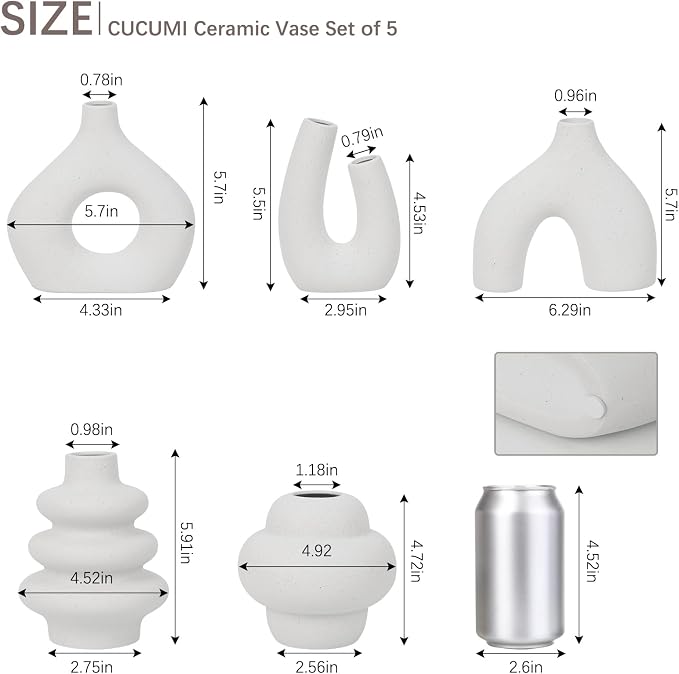 CUCUMI Ceramic Flower Vase Set of 5 Modern Boho Style Decorative Vases | - Image 3