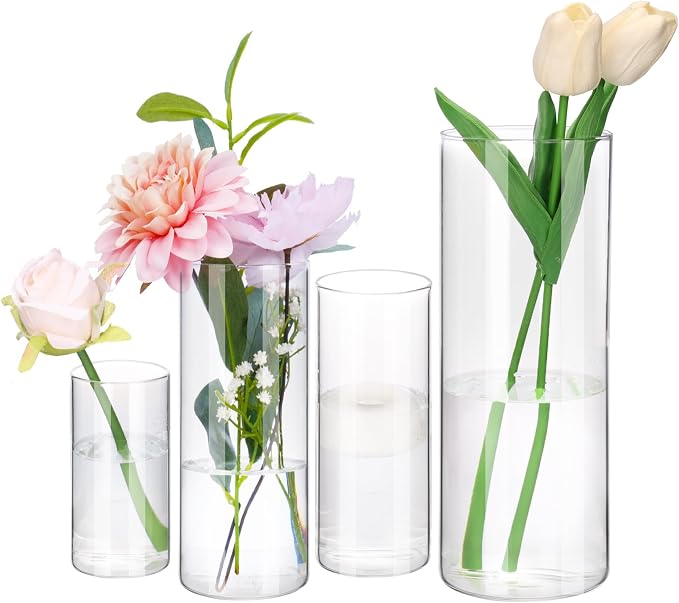 Fixwal 4pcs Clear Glass Cylinder Vases, 10 Inch Tall | Cylinder Vases by Fixwal