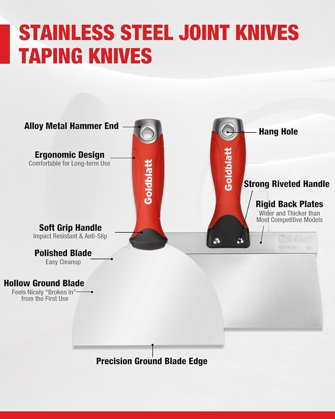 Goldblatt Drywall Hand Tool Kit | 14 in 1, 6 Pieces Stainless Steel Joint Knife - Image 3