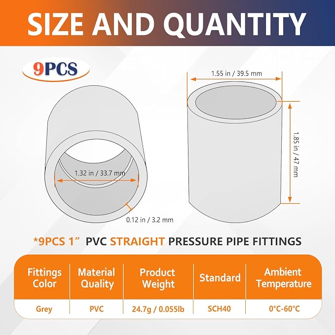 9PCS 1" Gray PVC Pipe Coupling Adapter Pipe Fittings Slip Socket PVC Connectors - Image 2