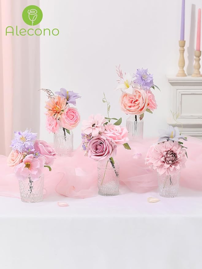 Alecono Pink and Purple Artificial Flowers, Silk Fake Flower Set | - Image 8