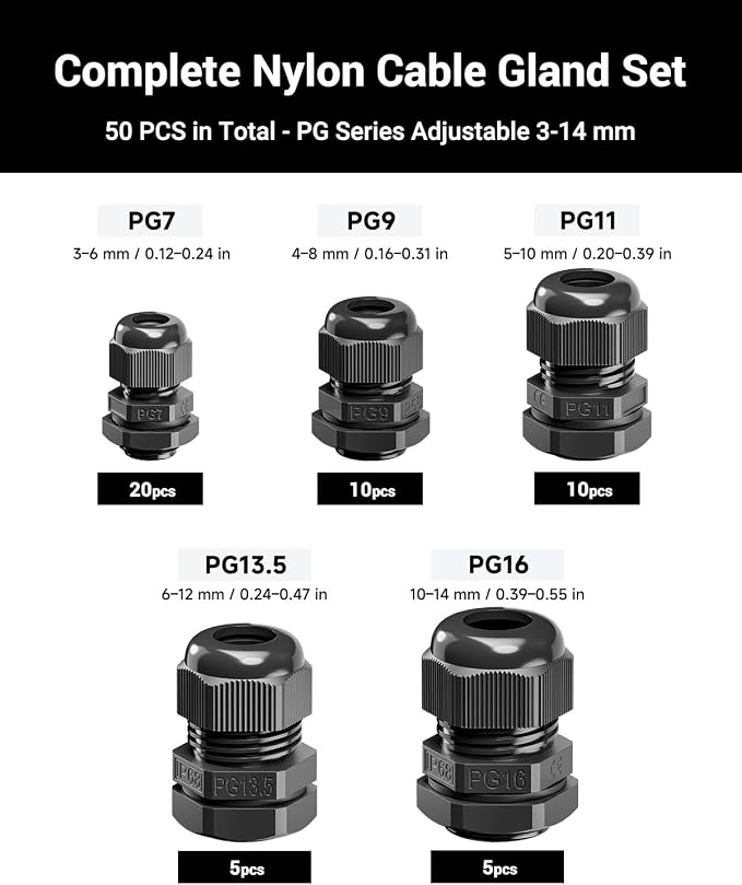 VCELINK Cable Glands, Nylon IP68 Waterproof PG7 to PG16 50 Pcs | - Image 2