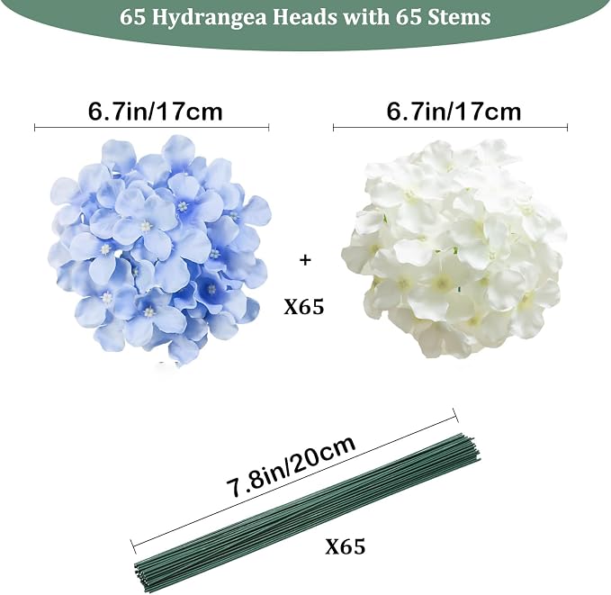 65Pcs Whiteblue Hydrangea Artificial Flowers Bulk，Realistic Silk Fake Flowers - Image 3
