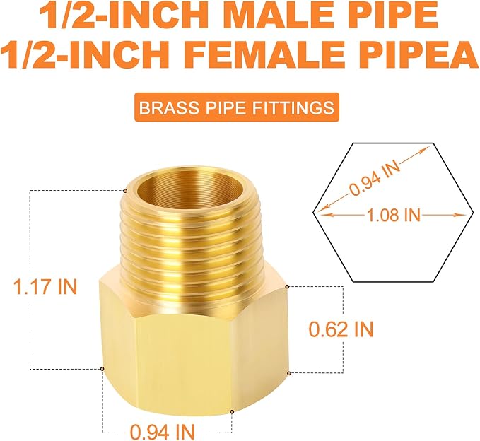 GASHER 5PCS Brass Pipe Fitting, 1/2-Inch Male Pipe x 1/2-Inch Female Pipe - Image 2