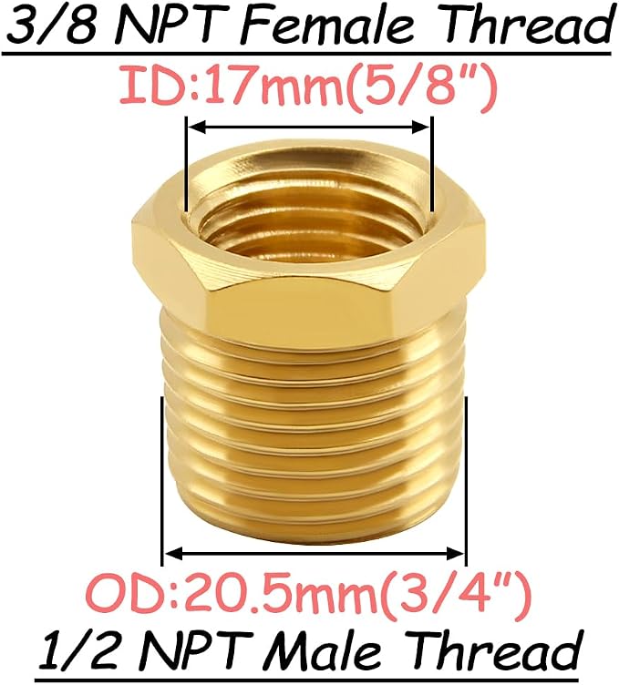 Uenede Brass 1/2" NPT Male to 3/8" NPT Female Reducer Bushing - Image 2