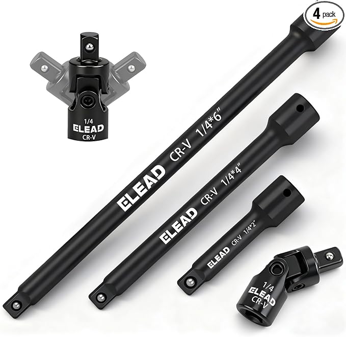 4-Piece 1/4" Drive Socket Extension Bar Set, 6 inch Professional Extension Set by ELEAD