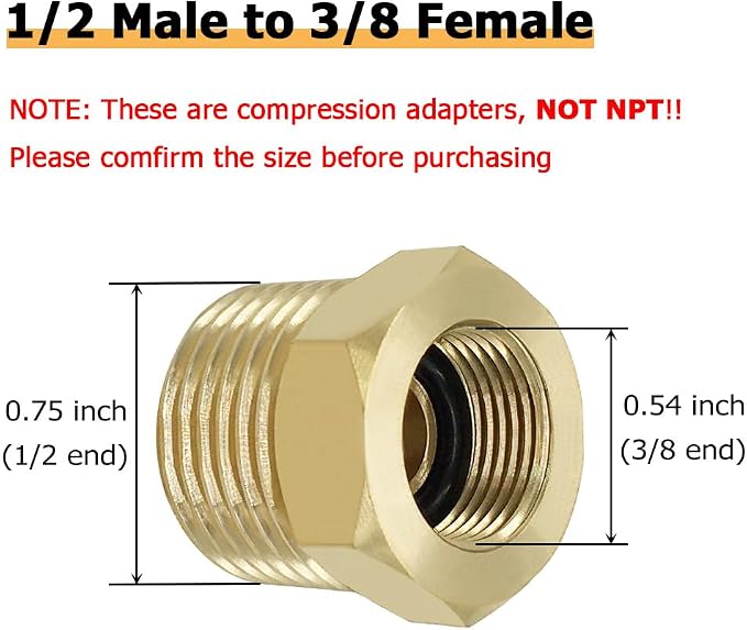 Hooshing 1/2 G Male to 3/8 Compression Female Thread Reducer Faucet Adapter - Image 2