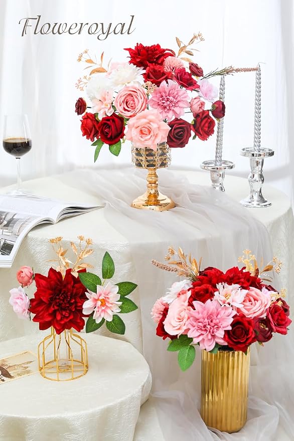 Artificial Flowers Combo Red Flowers Mix Silk Flowers Dahlia Roses - Image 4