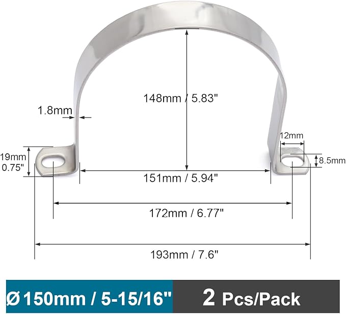 OD 5-15/16" Conduit Clamps 304 SS 2-holes Pipe Bracket U Clamp, Tube Clamp - Image 2