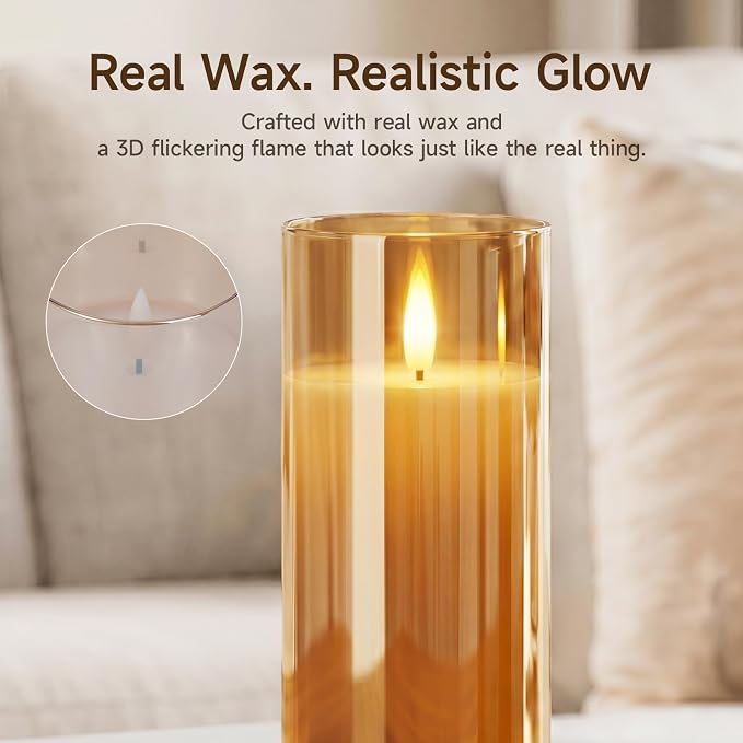 Homemory Amber Glass Flameless Candles, Real Wax, Remote Timer, 2 Pack | D3"xH6" - Image 9