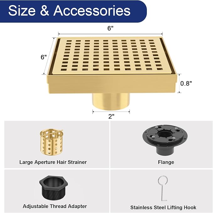 6 Inch Brushed Gold Square Shower Drain - Image 2