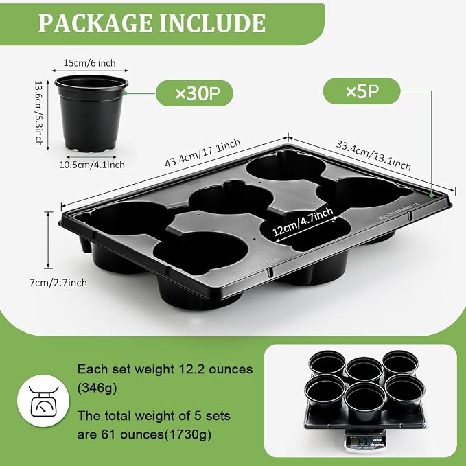 RooTrimmer 6 Inch Plastic Plant Pots 30 Pack and 6 Cell Nursery Pots Trays 5 - Image 2