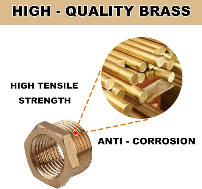2pcs Brass Reducer Hex Bushing, 3/8" Male to 1/4" NPT Female Adapter | Reducing - Image 4