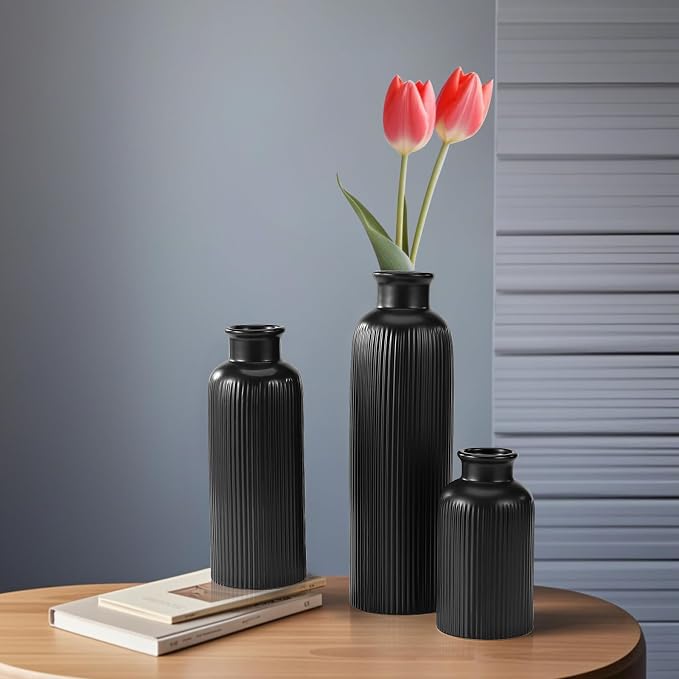 Small Black Ceramic Vase Set of 3, Boho Modern Black Flower Vase Room Decor - Image 8