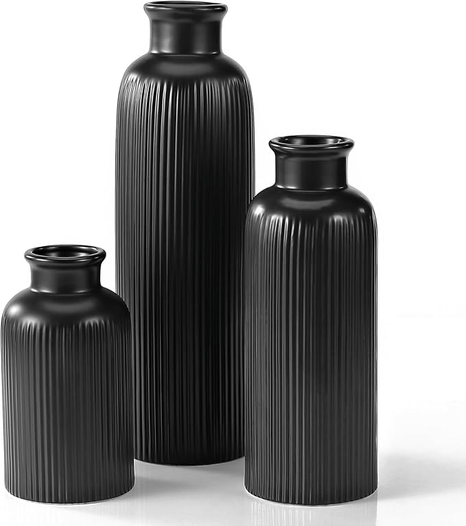 Small Black Ceramic Vase Set of 3, Boho Modern Black Flower Vase Room Decor by GUKJOB
