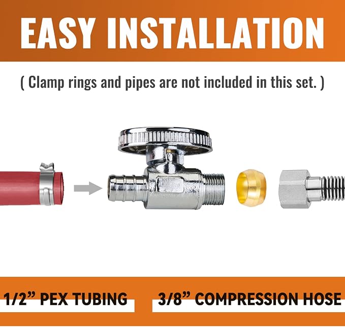 10-Pack Straight Stop Valve, 1/2" PEX x 3/8" OD Compression | Brass, Quarter - Image 3