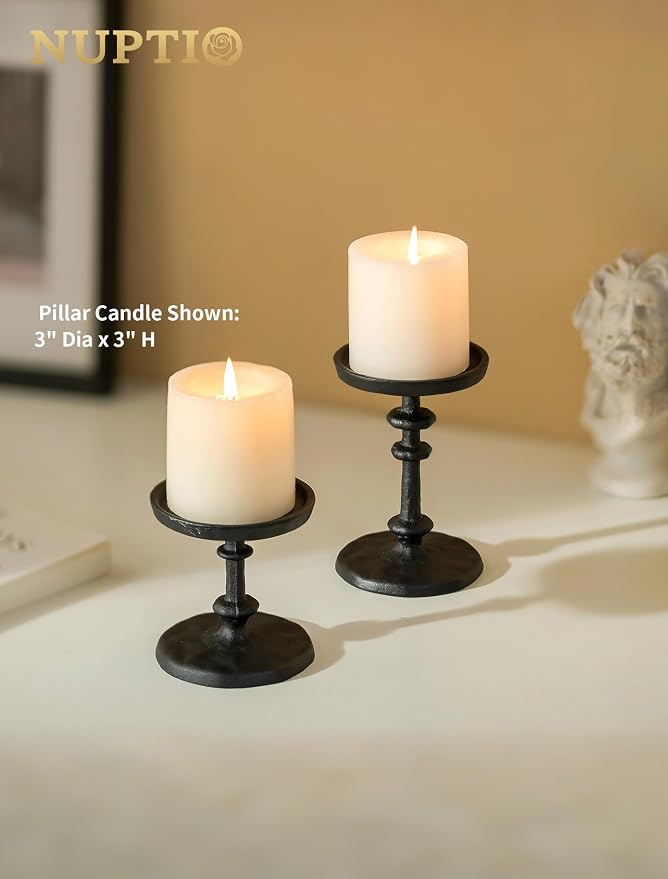 NUPTIO Pillar Candle Holder Black: Solid Cast Iron Candle Stand | Hammered - Image 2