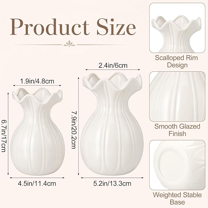 2 Pack White Ceramic Vase Set Small Rustic, Elegant | Decorative Flower Vases - Image 2