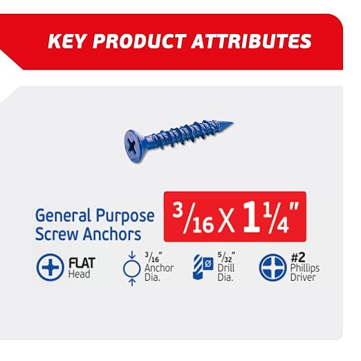 3/16 x 1-1/4" Countersunk Phillips Flat Head Blue Concrete Screw Anchors - Image 2