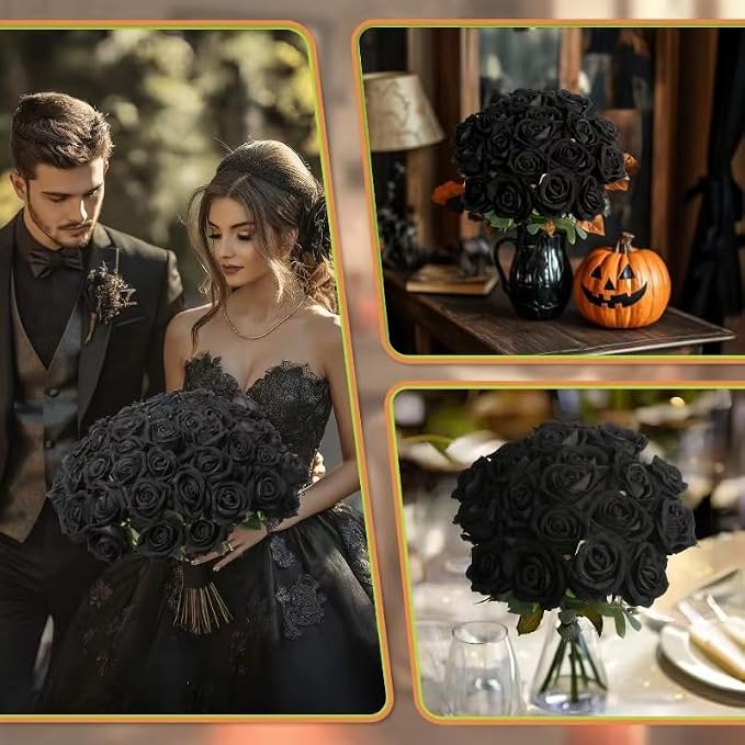 50 PCS Fake Black Roses, Artificial Flowers Bulk, Realistic Silk Faux Roses | - Image 3