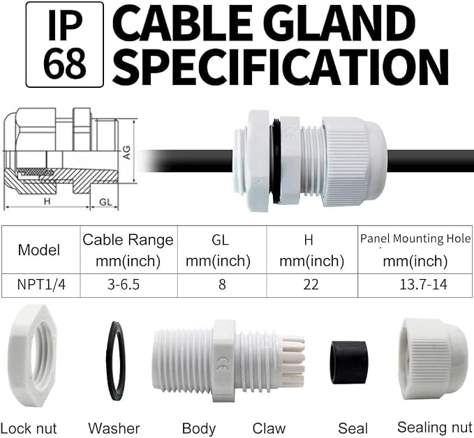5-Pack 1/4" NPT Cable Glands, IP68 Waterproof Nylon PA66 Strain Relief Cord - Image 2