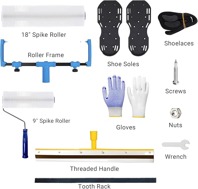 Self-Leveling Tool Kit with Rake, Spiked Roller, Spiked Shoes and 58'' - Image 2
