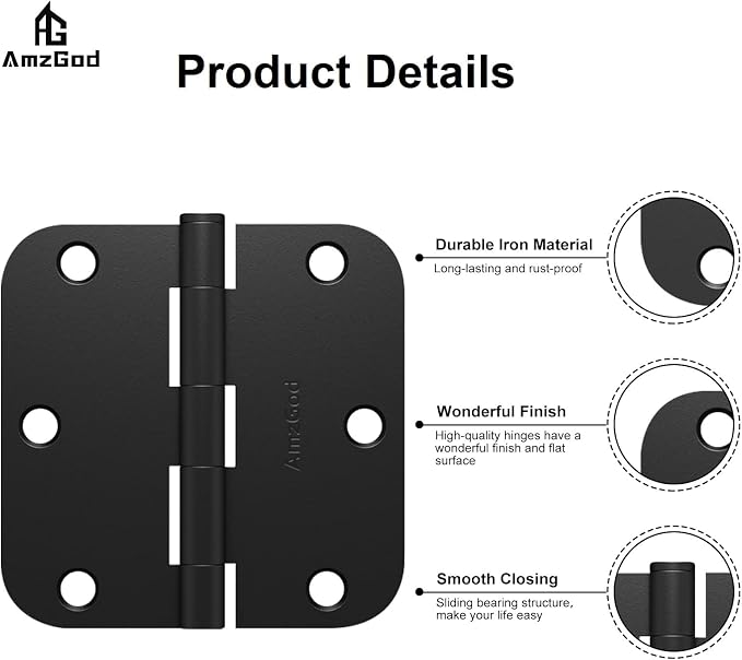 18 Pack Matte Black Door Hinges 3.5 Inch 5/8" Radius Interior | 3-1/2" Rounded - Image 5