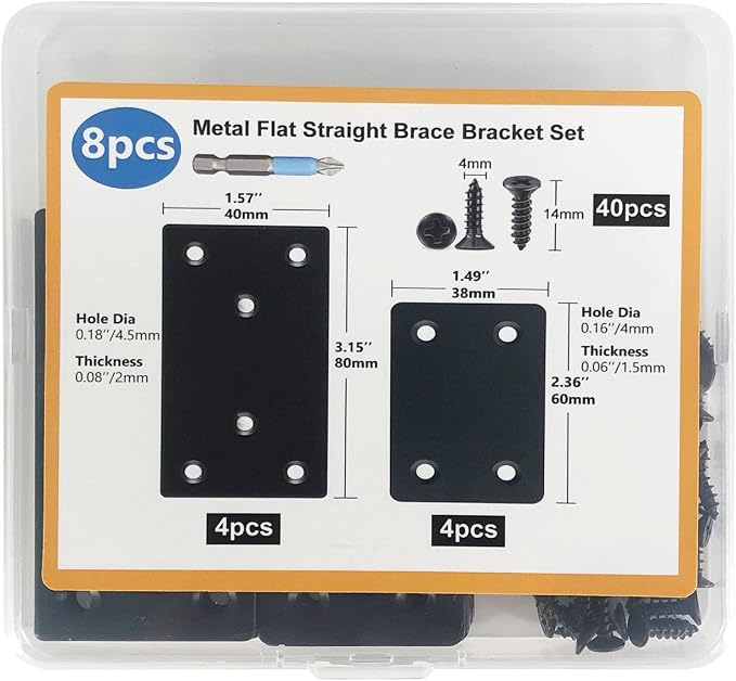 QSJ 8 Pack Black Flat Mending Plate 3.15x1.57‘’ & 2.36x1.49'', Stainless Steel - Image 5