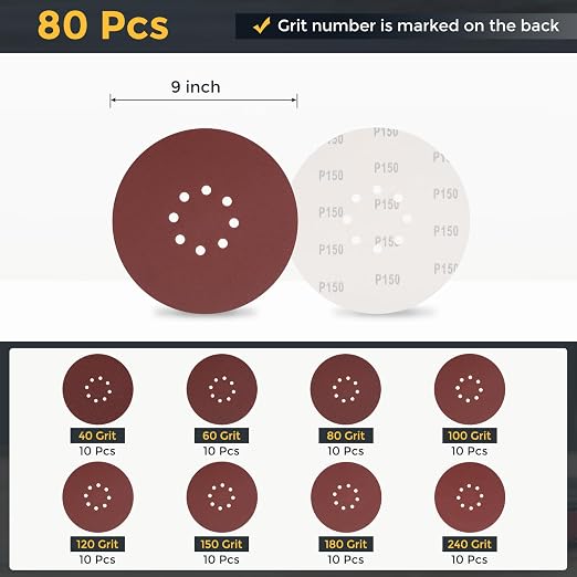 HARFINGTON 80Pcs 9Inch Sanding Disc 8 Hole Hook and Loop Sandpaper Red | - Image 2