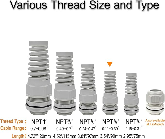 10Pcs NPT 3/8" IP68 Waterproof Cable Gland Flex Spiral Strain Relief Grey Nylon - Image 6