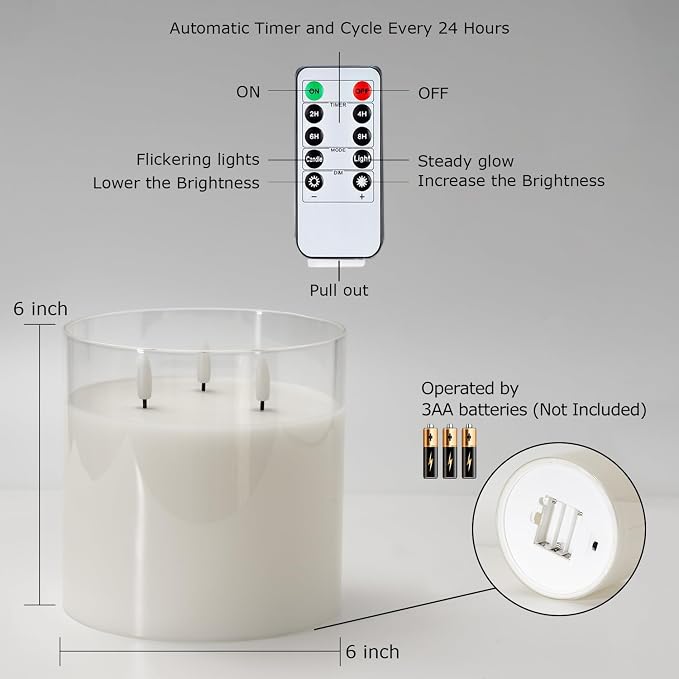 Homemory Pure White Large Glass Flameless LED Candle, 3 Wicks, Remote Timer | - Image 6