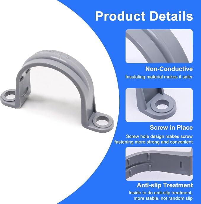 1-1/4 Inch PVC Pipe Strap, 2-Holes Conduit Pipe Clamps Plastic Pipe Supports - Image 3