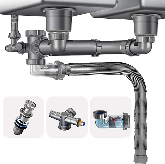 Double Sink Drain Kit Space Saving Kitchen Sink Drain Kit Expandable Flexible 1 by QruiLanTu