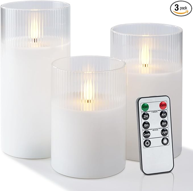 Amagic White Ribbed Glass Flameless LED Pillar Candles by AMAGIC