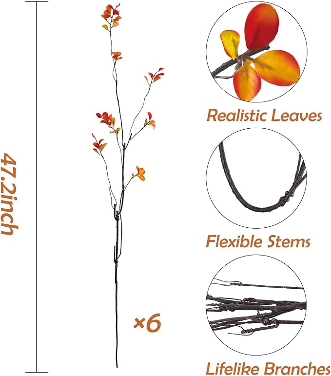 6 Pcs Fall Stems Artificial Ficus Branches, 47.2 Inch Faux Eucalyptus Stems - Image 3