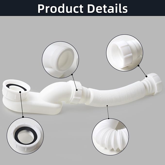 Low Profile 1-1/2" P Trap Flexible Bathtub Shower Drain Pipe Kit, Flat - Image 3