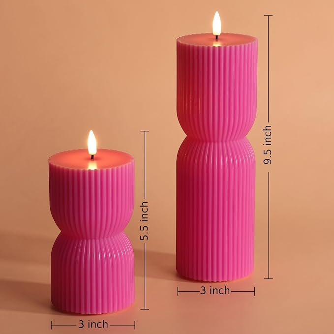 Hot Pink Ribbed Flameless Pillar Candles - Image 2
