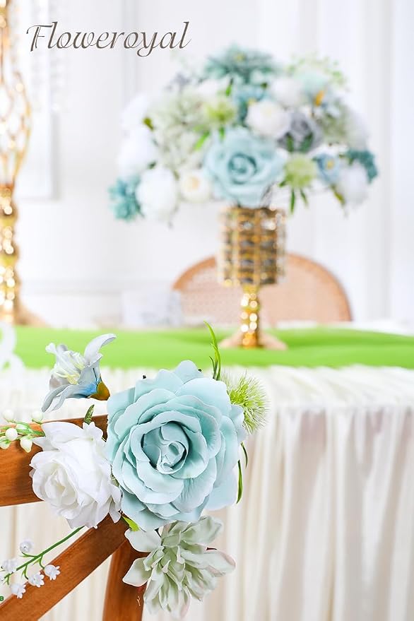 Artificial Flowers Combo Teal Blue Flowers Mix Silk Flowers Dahlia Roses - Image 5
