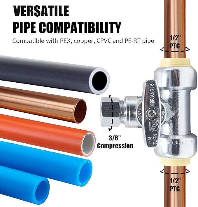 TTFLEX 1/2" Push x 1/2" Push x 3/8" Comp Tee Valve, Shut Off Valve 1/4 Turn | - Image 4
