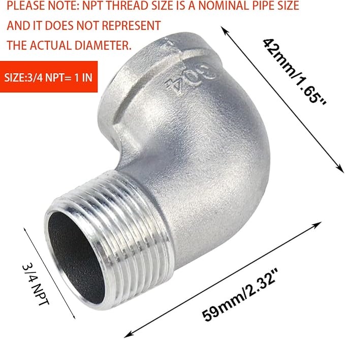 2Pcs 304 Stainless Steel 90 Degree Elbow 3/4" NPT Threaded Pipe Fitting Female - Image 2