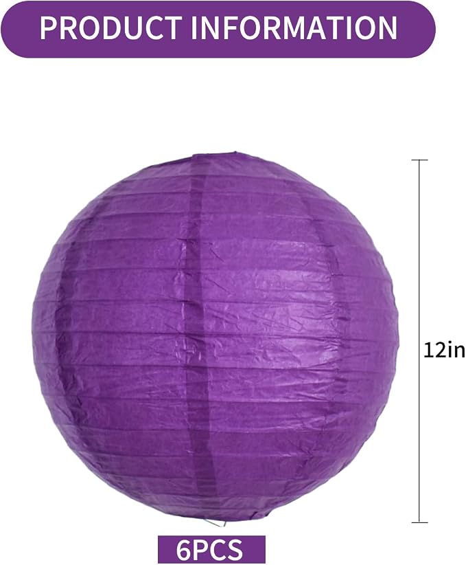 BEISHIDA 12 Inch Purple Paper Lanterns 6Packs Hanging Round Chinese Lantern | - Image 2